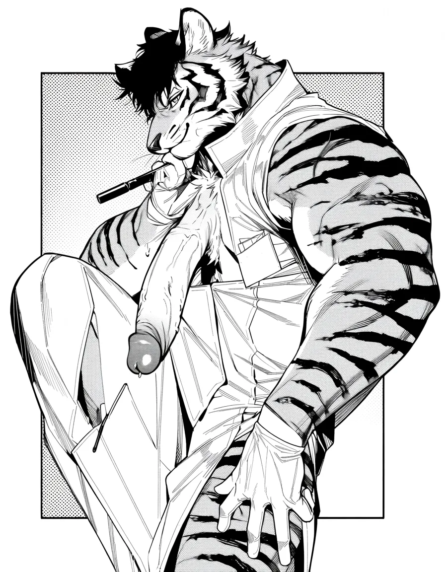 masterpiece, best quality, score_7, newest, manga, monochrome, greyscale, Handsome tiger furry gay male, smirk, white surgical gloves, nurse uniform, open chest, skirt, naked penis, (monochrome:1.7), (greyscale:1.7), screentone, halftone dots, ink hatching, bold black spotting, white background