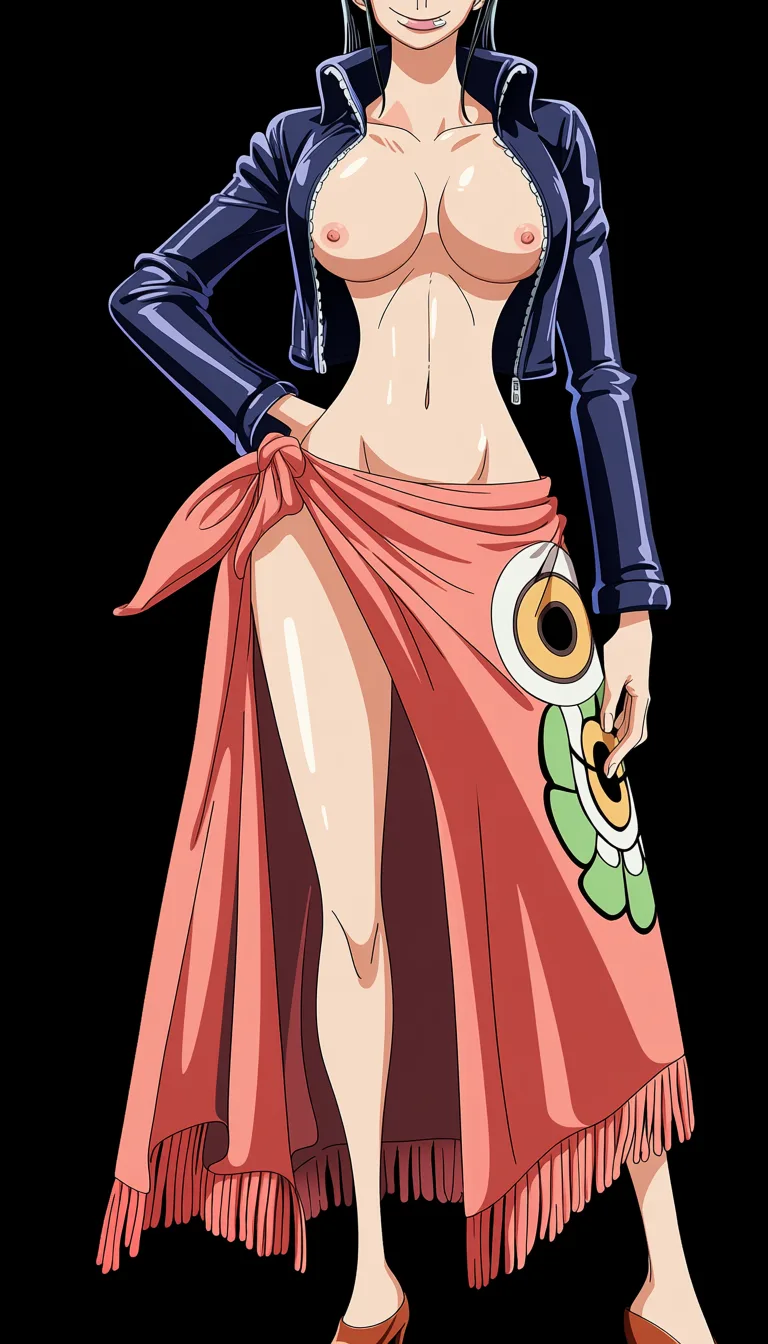 masterpiece, best quality, score_7, newest, anime screenshot, official art, Nico Robin, (One Piece style:2), full_body in frame, beautiful smile, standing, sexy pose, front view, (black background:1.5), a long coral-pink/salmon wrap skirt or sarong tied around her waist with a decorative green and yellow floral patterns along one side and a fringed/tassel-like hem and a massive front cutout exposing her naked pussy dripping with sperm, a fitted dark-blue short-sleeved jacket completely open with a high collar and the sleeves slightly rolled at the edges, naked breasts and nipples fully out and exposed, naked pussy exposed through wrap skirt slit, orange tinted sunglasses on top of head, Red-coral high-heeled pumps with pointed toes, massive amount of sperm dripping from pussy, (flat color:1.3), hard cel shading, thin crisp lineart, high key daylight, vivid primary palette, bright clean background