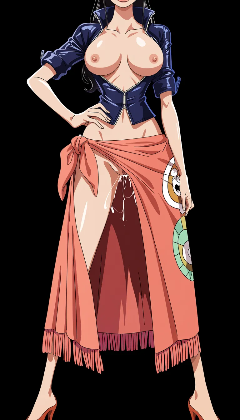 masterpiece, best quality, score_7, newest, anime screenshot, official art, Nico Robin, (One Piece style:1.7), full body in frame, beautiful smile, gentle soft expression, standing, sexy pose, one hand on hips, front view, simple lighting, (black background:1.8), (a long coral-pink/salmon wrap skirt or sarong tied around her waist and a fringed/tassel-like hem while the opening is hooked upwards with a pin to reveal her full crotch and her naked pussy dripping with sperm:1.5), a fitted dark-blue short-sleeved jacket with a high collar and the sleeves slightly rolled at the edges while the chest is completely open to let the full naked breasts out, (naked breasts and nipples fully out of jacket and fully exposed:1.7), naked pussy exposed through front opening, orange tinted sunglasses on top of head, red-coral high-heeled pumps with pointed toes, big amount of sperm dripping from pussy, (flat color:1.3), hard cel shading, thin crisp lineart, high key daylight, vivid primary palette, bright clean background
