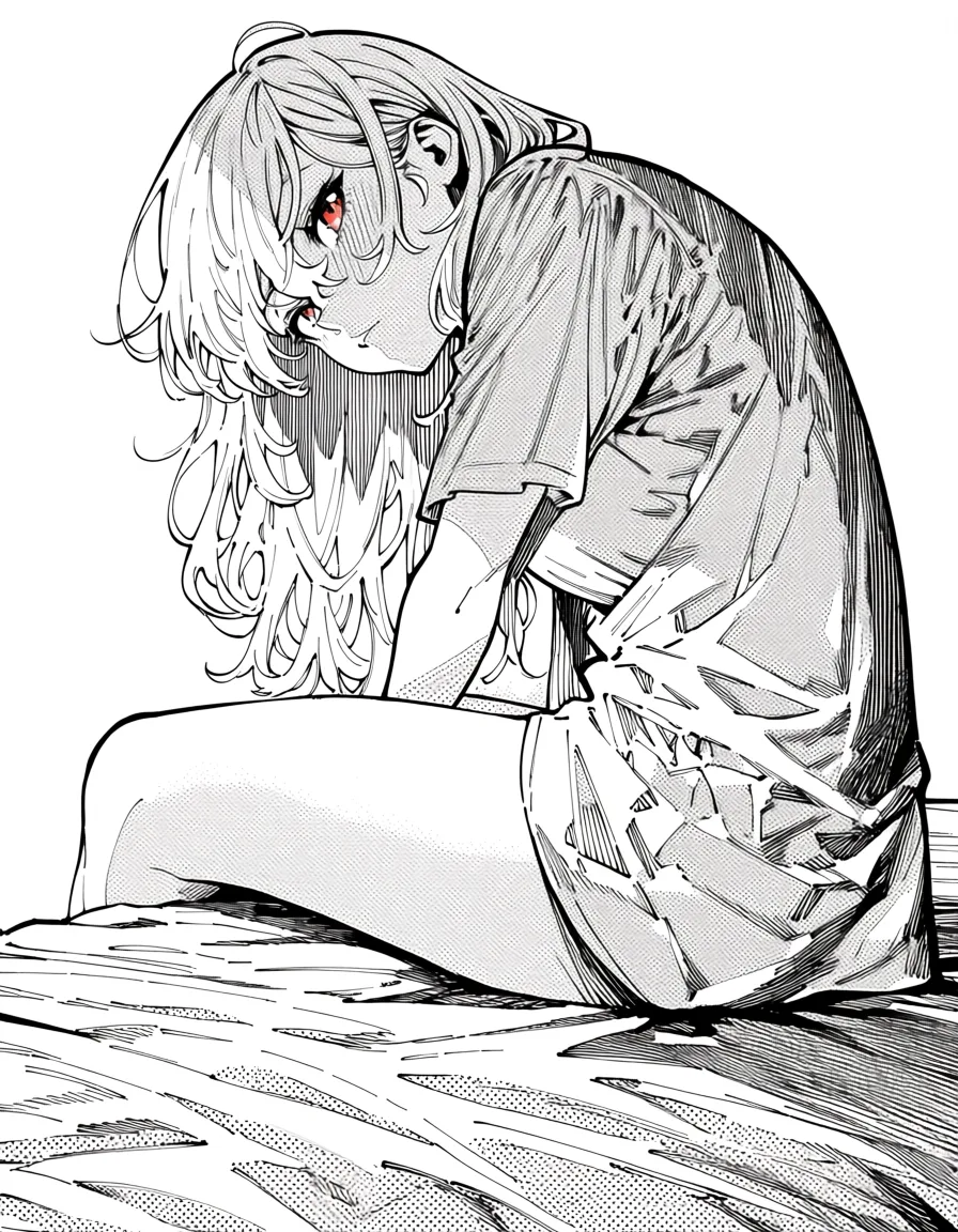 masterpiece, best quality, score_7, newest, manga, monochrome, greyscale, 1girl, silver hair, red eyes, oversized shirt, sitting on the end of the bed, morning light, big cock, nude kirisame marisa, (monochrome:1.7), (greyscale:1.7), screentone, halftone dots, ink hatching, bold black spotting, white background