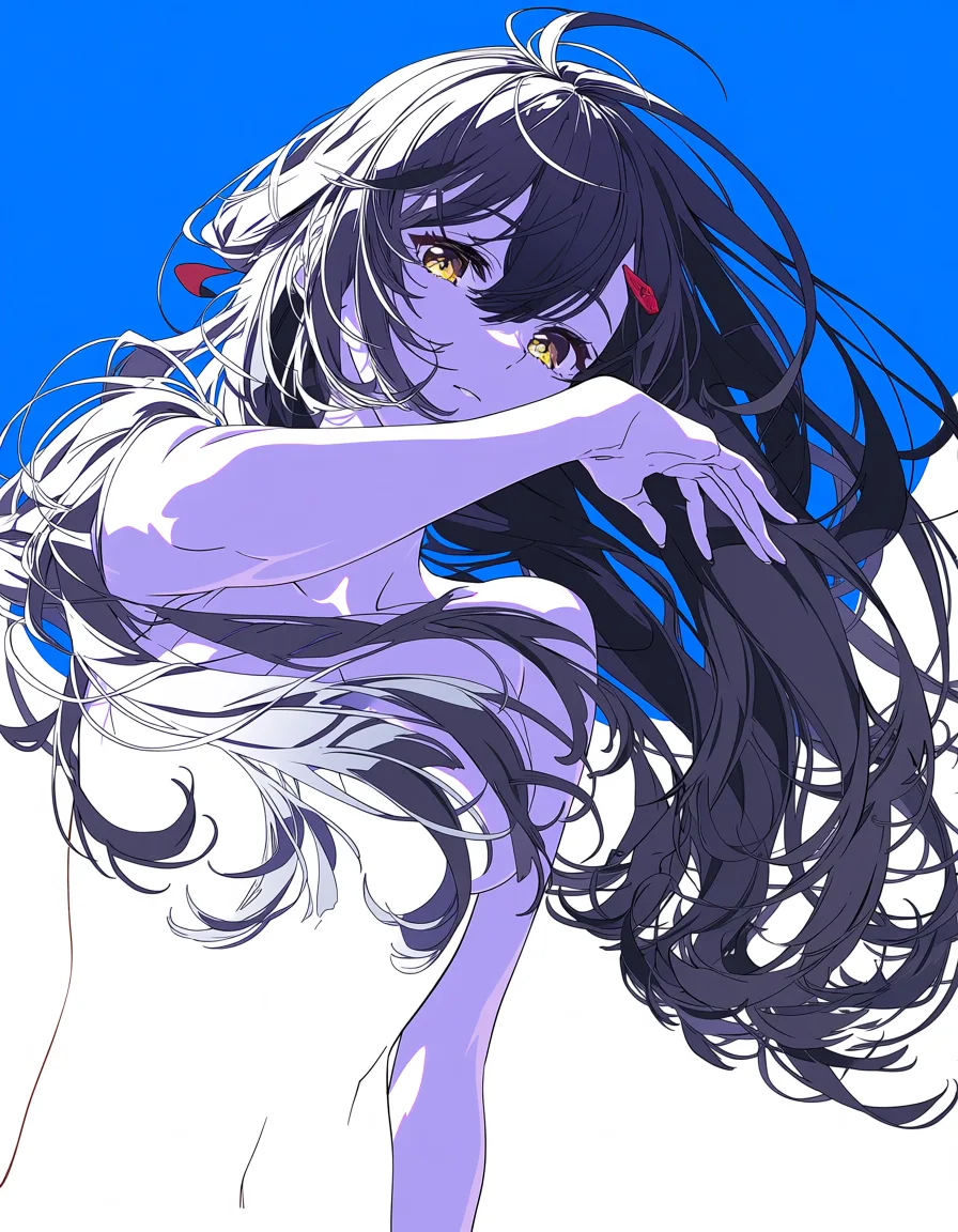 masterpiece, best quality, score_7, newest, anime screenshot, official art, nude vtuber jingburger, (flat color:1.3), hard cel shading, thin crisp lineart, high key daylight, vivid primary palette, bright clean background