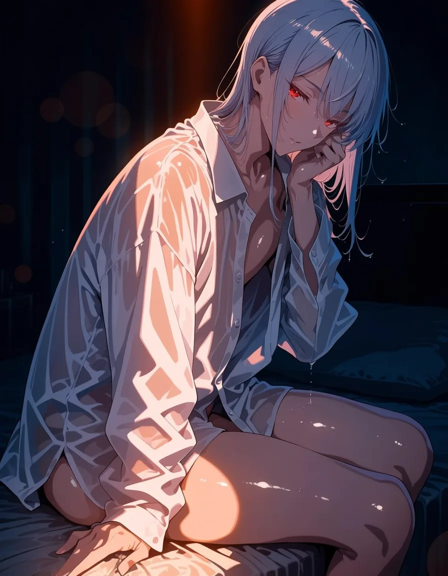 masterpiece, best quality, score_7, newest, highres, absurdres, anime coloring, 1other, silver hair, red eyes, oversized shirt, sitting on the end of the bed, morning light, admiral (kancolle), glossy shiny skin, wet highlights, (dim warm lighting:1.2), dramatic rim light, deep shadows, dark bokeh background, sensual mood