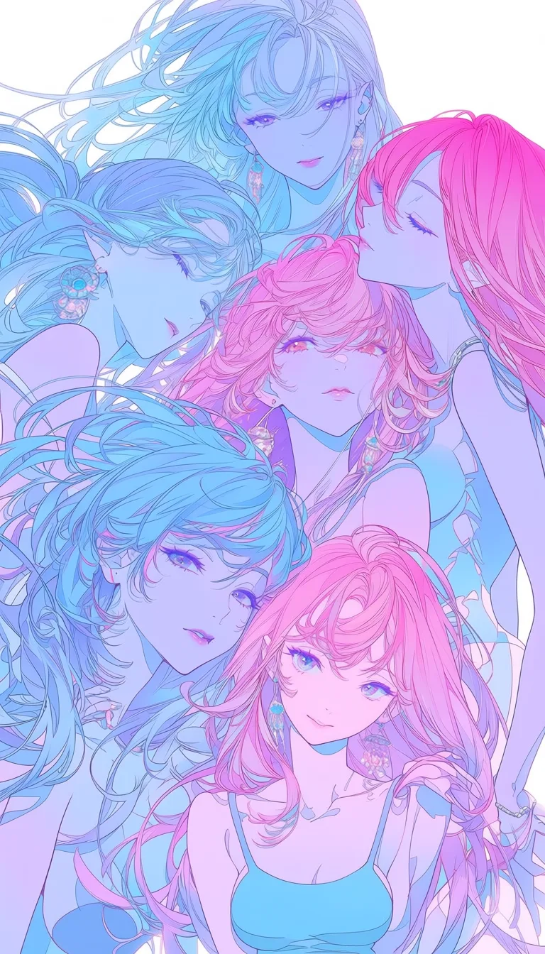 masterpiece, best quality, score_7, newest, webtoon, manhwa, digital coloring, highly detailed, vibrant, 6+girls, blowjob, bare arms, jewelry, simple background, vivid colors, clean vector lineart, soft gradient cel shading, pastel palette, gentle ambient light, minimal background