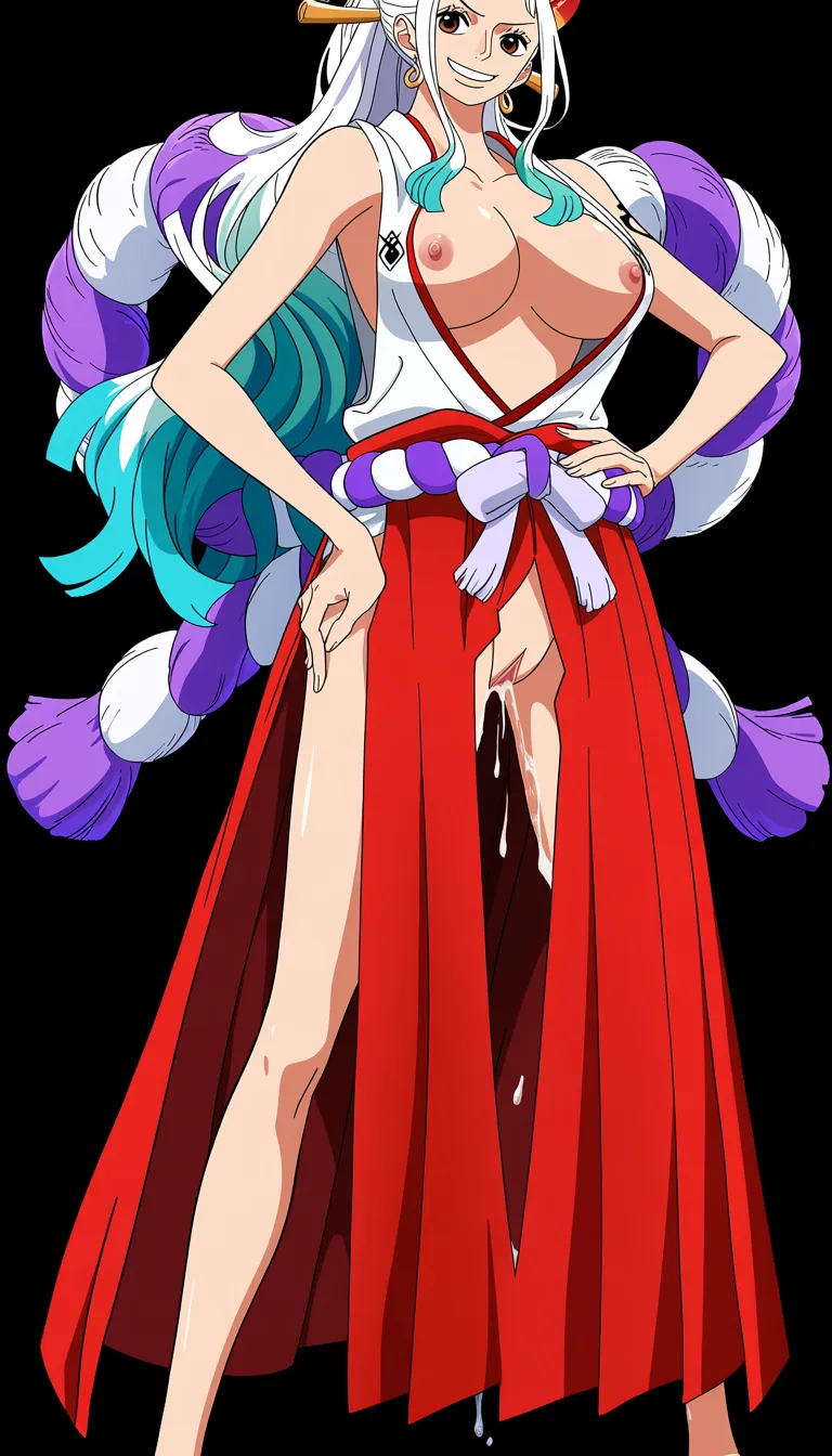 masterpiece, best quality, score_7, newest, anime screenshot, official art, Yamato, (One Piece anime style:1.5), (full body in frame:1.9), standing, (confident sexy pose:1.8), (black background:1.9), (simple lighting:1.5), long white hair with turquoise and light-blue tips, two red curved oni horns, (bright white smile:1.6), (long legs:1.7), one hand on hip, (white sleeveless Japanese-style top with a red neckline and the chest area completely cutout to let the full naked breasts and nipples out:1.6), (naked breasts and nipples fully visible and exposed:1.7), (long red hakama skirt with big crotch cutout fully exposing vagina:1.7), naked pussy fully visible and exposed through crotch cutout, purple rope belt around the waist, traditional wooden sandals, massive amount of sperm dripping from pussy, (flat color:1.3), hard cel shading, thin crisp lineart, high key daylight, vivid primary palette, bright clean background