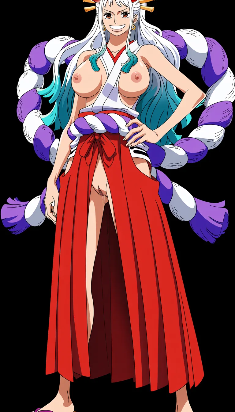 masterpiece, best quality, score_7, newest, anime screenshot, official art, Yamato, (One Piece anime style:1.5), (full body in frame:1.8), standing, (confident sexy pose:1.8), (black background:1.8), (simple lighting:1.7), long white hair with turquoise and light-blue tips, two red curved oni horns, (bright white smile:1.6), (long legs:1.7), one hand on hip, (white sleeveless Japanese-style top with a red neckline and the chest area completely cutout to let the full naked breasts and nipples out:1.6), (naked breasts and nipples fully visible and exposed:1.7), (long red hakama skirt with big crotch cutout fully exposing vagina:1.7), naked pussy fully visible and exposed through crotch cutout, purple rope belt around the waist, traditional wooden sandals, massive amount of sperm dripping from pussy, (flat color:1.3), hard cel shading, thin crisp lineart, high key daylight, vivid primary palette, bright clean background