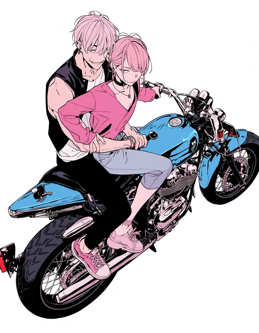 masterpiece, best quality, score_7, newest, anime screenshot, official art, gay, crossdressing, 2boys, femboy, bbc, riding,, (flat color:1.3), hard cel shading, thin crisp lineart, high key daylight, vivid primary palette, bright clean background