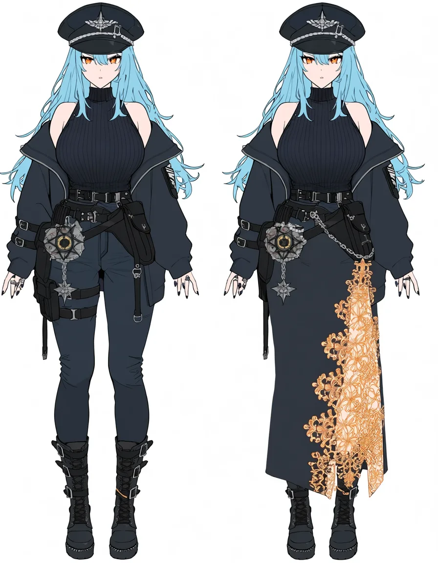 masterpiece, best quality, score_7, newest, anime screenshot, official art, The character is a young woman with long, flowing light blue hair and amber-colored eyes.
Outfit Details
• Headwear: A structured, dark military-style cap decorated with small silver cross embellishments and a central crest.• Top: A sleeveless, high-necked black ribbed shirt worn under a loose, oversized black jacket that falls off her shoulders.• Bottoms: Dark trousers or a skirt accented with an elaborate, golden filigree or floral pattern trailing down the leg.• Footwear: Sturdy, knee-high black tactical boots detailed with multiple metallic buckles and straps.
Accessories & Styling
• Belts: Multiple black leather straps and utility belts wrapped around her waist, fastened with silver buckles.• Jewelry: A prominent silver chain hanging from her waist holding a compass-rose or star-shaped pendant, along with several simple rings on her fingers.• Nails: Painted with dark polish matching her overall aesthetic.
-has a penis 
-masturbating, (flat color:1.3), hard cel shading, thin crisp lineart, high key daylight, vivid primary palette, bright clean background