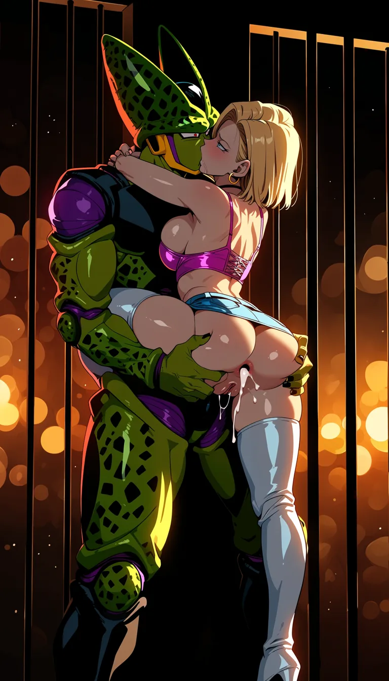 masterpiece, best quality, score_7, newest, highres, absurdres, anime coloring, 1boy, 1girl, Green skin, morning sunshine, dutch_angle, dragon ball android 18 costume, wet_clothes, breasts_out, android 18, scream moaning, thigh high boots, leg lifted in jail cell against cell bars, pussy_juice , full_body, smaller breasts, tight anus, midday sun, arched_back cum inside looking_back orgasm, sex with perfect cell (dragon ball) denim microskirt, stripper, orgasm face, surprised prostitution, ass grab, frontal view, arms around shoulders, kissing passionately, deep penetration, lingerie crop top, anal, fucked silly, french_kiss, open eyes moaning, legs wrapped around back 1, glossy shiny skin, wet highlights, (dim warm lighting:1.2), dramatic rim light, deep shadows, dark bokeh background, sensual mood