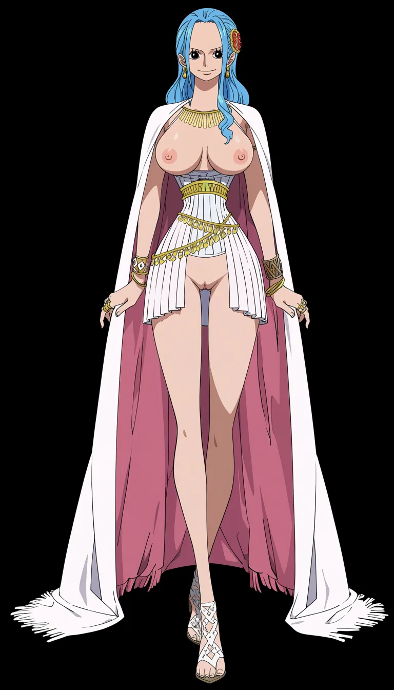 masterpiece, best quality, score_7, newest, anime screenshot, official art, Vivi Nefertari, (One Piece style:1.5), (full body in frame:1.5), beautiful smile, gentle soft expression, standing, sexy pose, front view, (black background:1.8), long legs, small ornate red-and-gold hair accessory on the right side, gold-and-red earrings, white pleated cutout bodice fully exposing naked breasts, naked breasts  and nipples fully exposed and visible, gold ornamental bands and crisscrossing gold belts around the waist, a large white skirt with font cutout exposing naked pussy, naked pussy fully exposed, pink over skirt with deep folds, multiple ornate gold bracelets and bangles on both wrists, several decorative rings, simple white open-toed sandals, (flat color:1.3), hard cel shading, thin crisp lineart, high key daylight, vivid primary palette, bright clean background