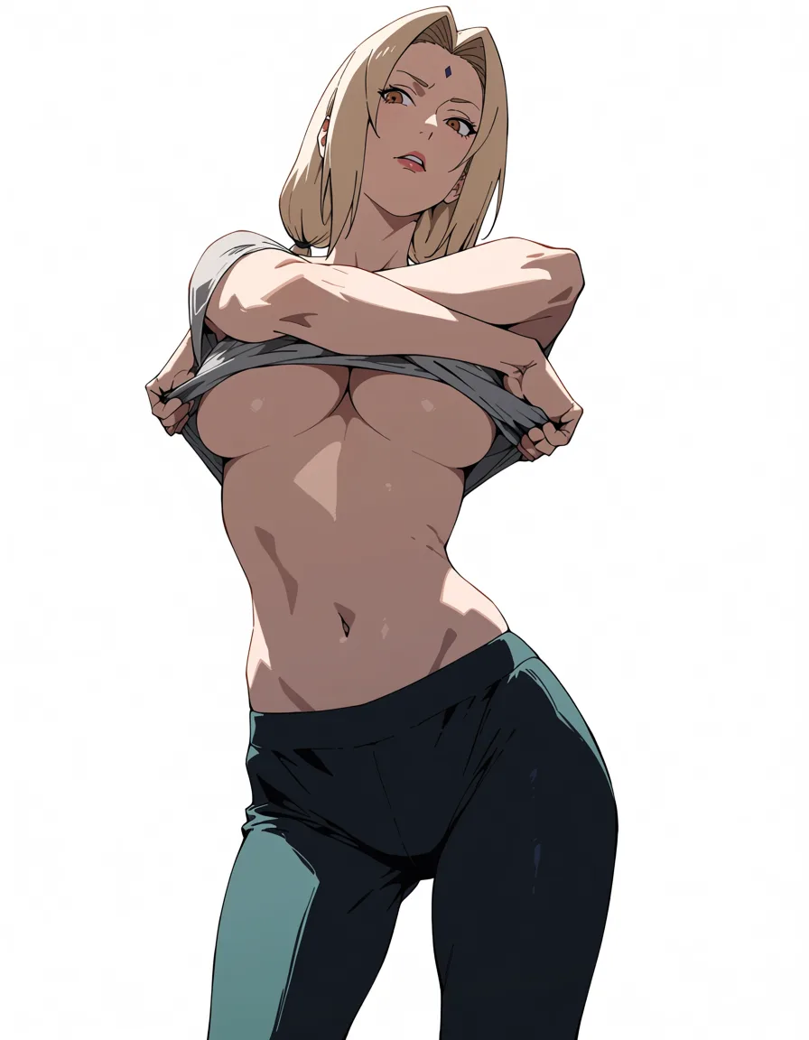 masterpiece, best quality, score_7, newest, anime screenshot, official art, 1girl, undressing , tsunade (naruto), (flat color:1.3), hard cel shading, thin crisp lineart, high key daylight, vivid primary palette, bright clean background