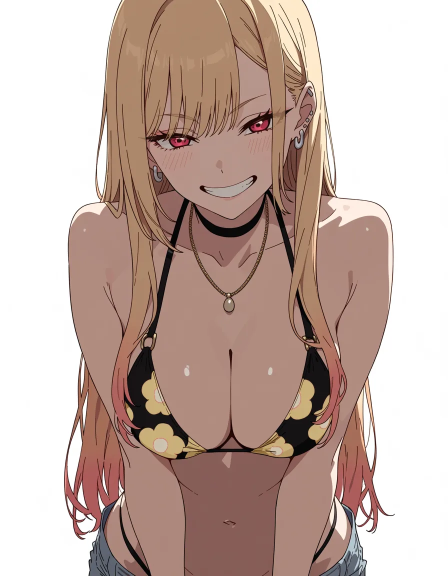 masterpiece, best quality, score_7, newest, anime screenshot, official art, 1girl, kitagawa marin latex, facesitting, smirk, (flat color:1.3), hard cel shading, thin crisp lineart, high key daylight, vivid primary palette, bright clean background