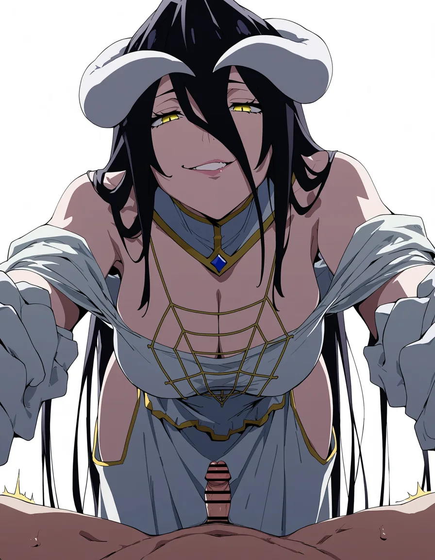 masterpiece, best quality, score_7, newest, anime screenshot, official art, 1girl, masterpiece, best quality, she bending over towards the viewer, elegant dress, deep cleavage, breasts slightly showing, arrogant smirk, looking down mockingly, holding up her fingers showing a very small size, pointing at the viewer’s crotch, SPH, small penis humiliation, from below, pov, detailed face and body, anime style, hentai, extreme femdom, albedo (overlord), (flat color:1.3), hard cel shading, thin crisp lineart, high key daylight, vivid primary palette, bright clean background