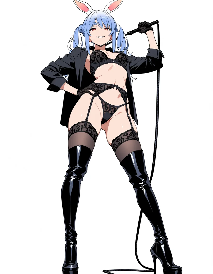 masterpiece, best quality, score_7, newest, anime screenshot, official art, masterpiece, best quality, 1girl, open black dress shirt, black lingerie, black lace gloves, black thighhigh stockings with garter, extremely long shiny black boots, holding a whip, standing confidently with hand on hip, full body, detailed, anime style, hentai, extreme femdom, usada pekora, (flat color:1.3), hard cel shading, thin crisp lineart, high key daylight, vivid primary palette, bright clean background