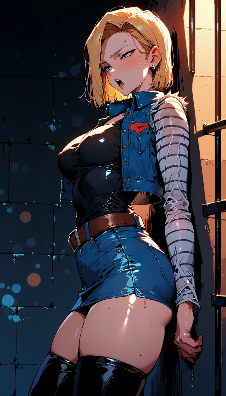 masterpiece, best quality, score_7, newest, highres, absurdres, anime coloring, midday sunlight, team rocket costume, android 18, thigh high boots, denim microskirt, denim vest, smaller breasts, moaning, eyes open, jail cell, wet_clothes, glossy shiny skin, wet highlights, (dim warm lighting:1.2), dramatic rim light, deep shadows, dark bokeh background, sensual mood