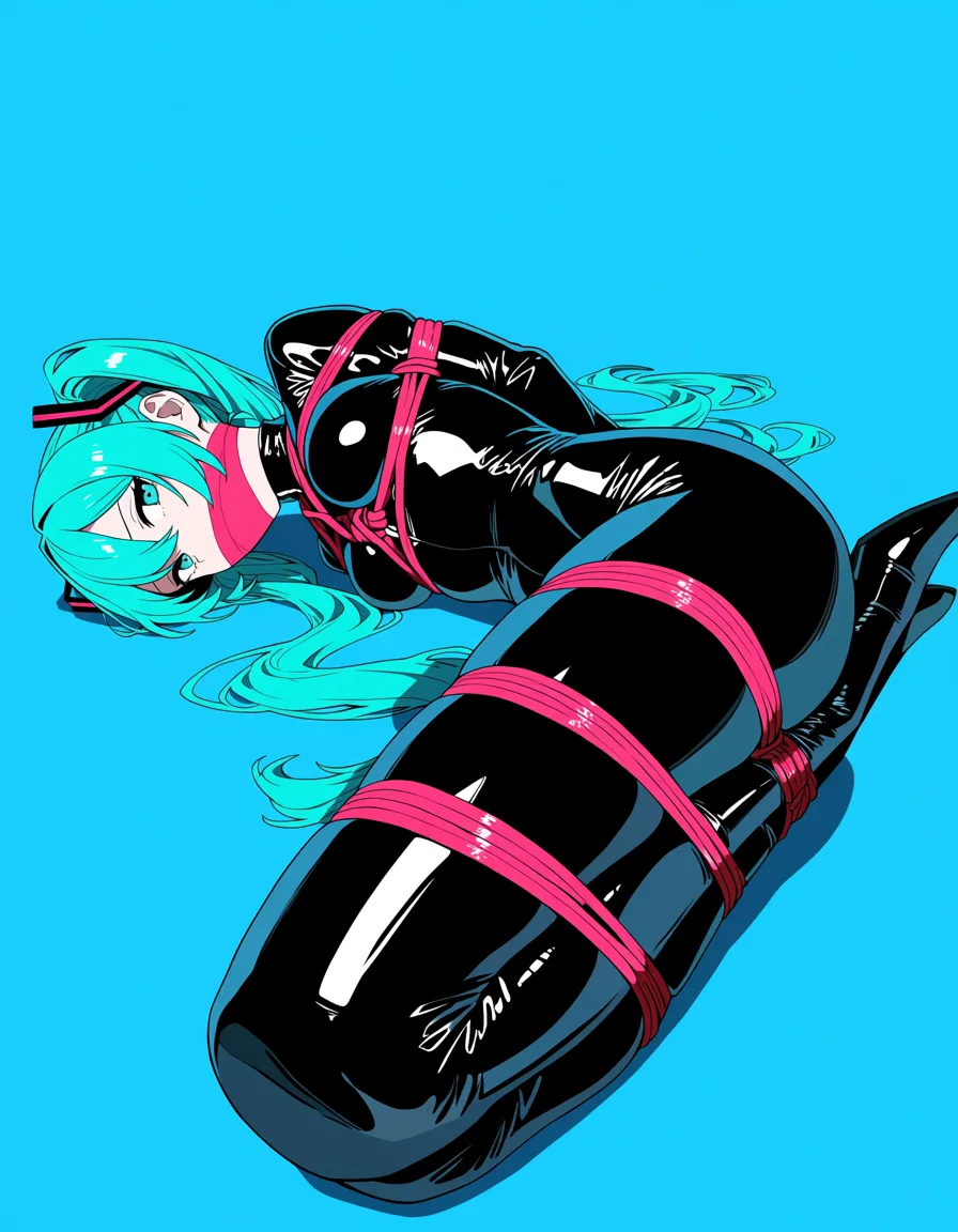 masterpiece, best quality, score_7, newest, anime screenshot, official art, 1girl, hatsune miku Latex skinsuit, gagged, abandoned place, on_side, shibari, bondage, (flat color:1.3), hard cel shading, thin crisp lineart, high key daylight, vivid primary palette, bright clean background