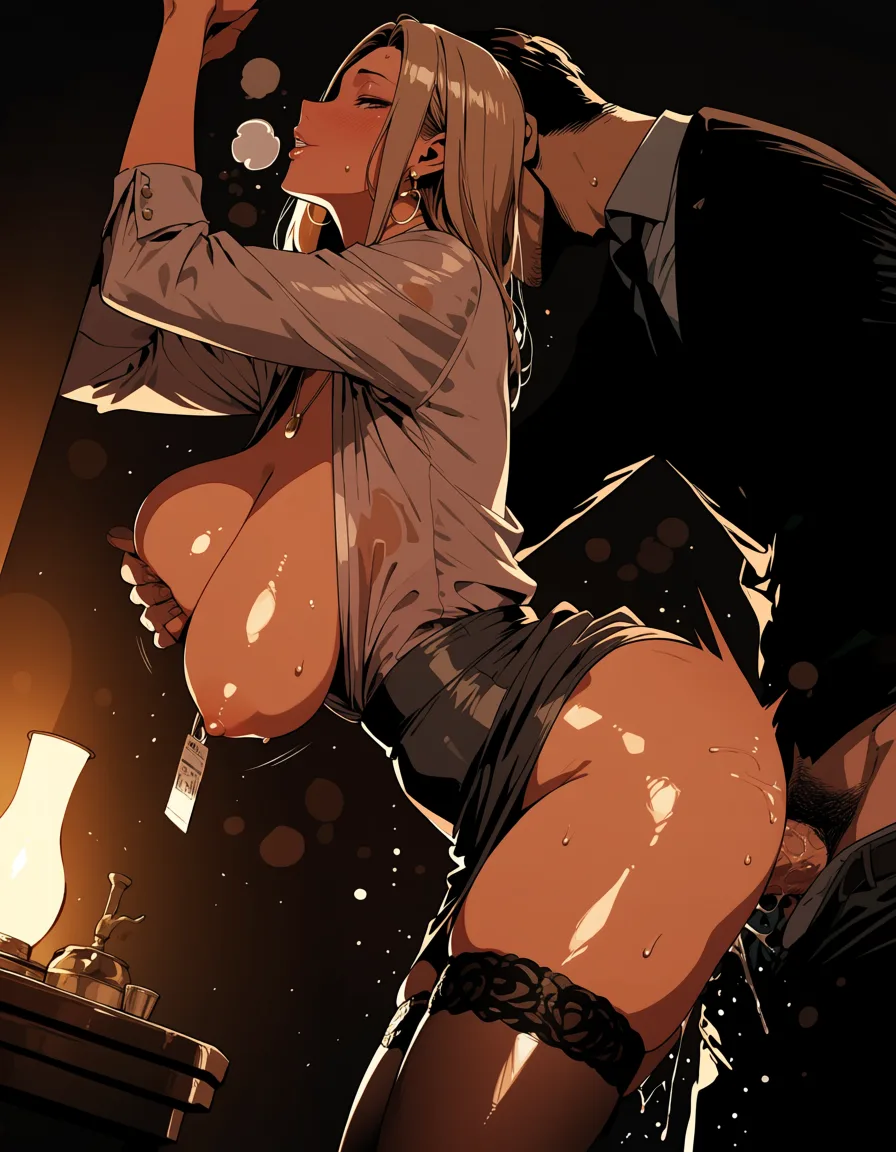 masterpiece, best quality, score_7, newest, highres, absurdres, anime coloring, Busty milf with sagging breasts wearing a revealing business suit with thighhighs having sex from behind with a man with a large cock, glossy shiny skin, wet highlights, (dim warm lighting:1.2), dramatic rim light, deep shadows, dark bokeh background, sensual mood