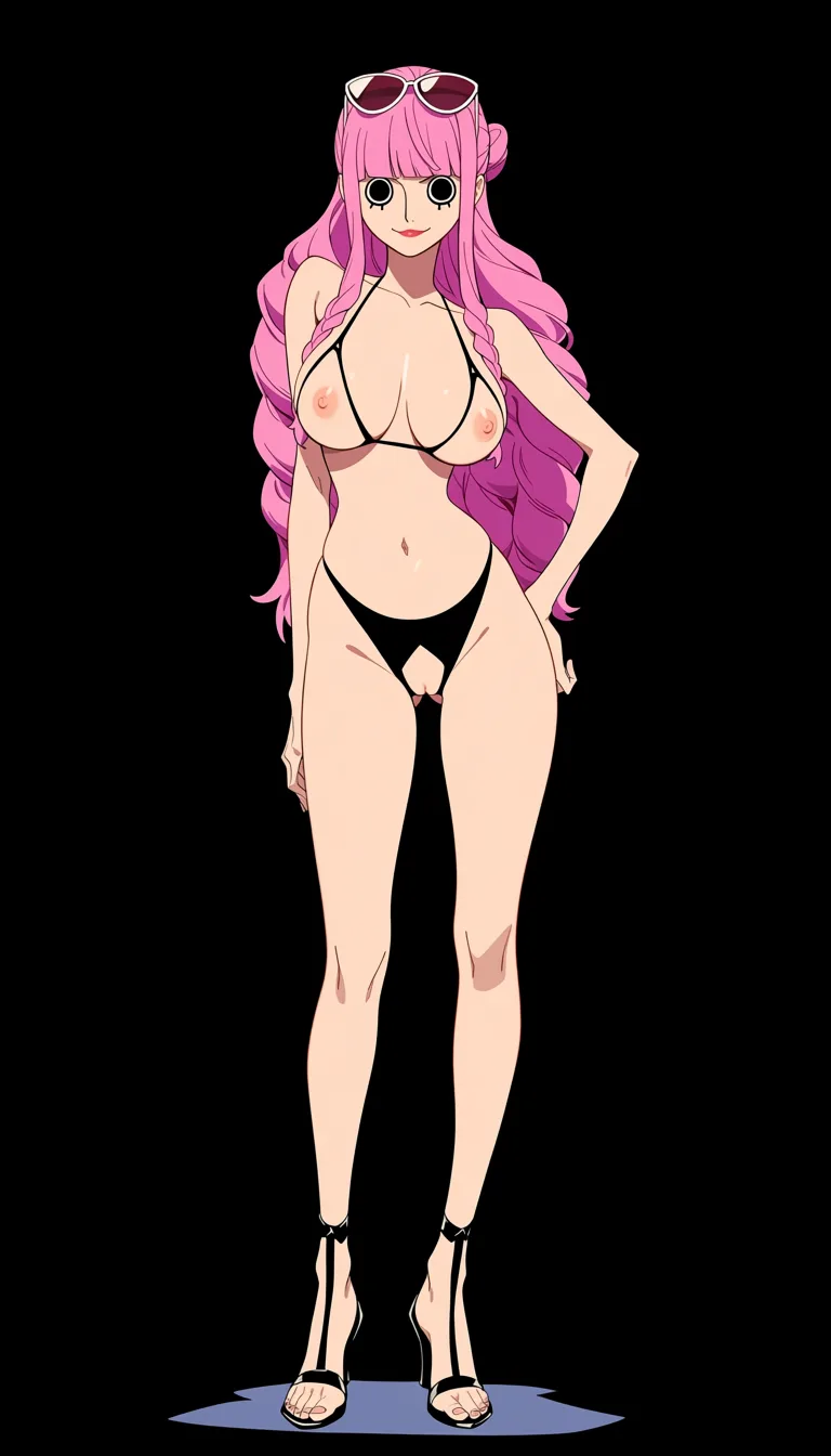 masterpiece, best quality, score_7, newest, anime screenshot, official art, Perona from One Piece, (One Piece style:1.5), full body in frame, standing, gentle smile, sexy pose, (black background:1.5), fully naked, black cupless bikini top, naked breasts and nipples fully visible through cup cutout, black crotchless bikini bottom, naked pussy fully visible through crotch cutout, high heel sandals, sunglasses on forehead,, (flat color:1.3), hard cel shading, thin crisp lineart, high key daylight, vivid primary palette, bright clean background