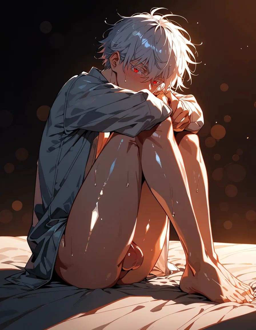 masterpiece, best quality, score_7, newest, highres, absurdres, anime coloring, 1boy, silver hair, red eyes, oversized shirt, sitting on the end of the bed, morning light, gojou satoru Big penis Stripped, glossy shiny skin, wet highlights, (dim warm lighting:1.2), dramatic rim light, deep shadows, dark bokeh background, sensual mood