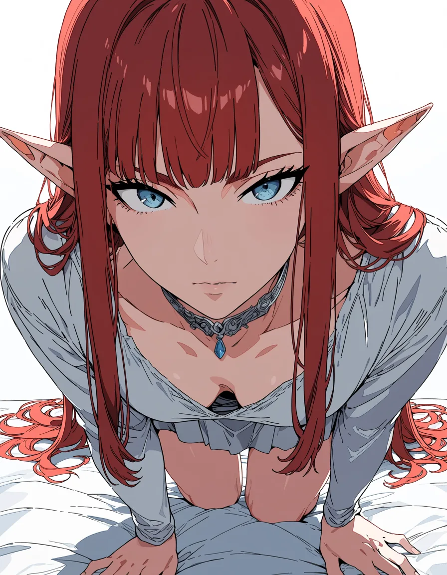 masterpiece, best quality, score_7, newest, anime screenshot, official art, best quality, intricate details, elf girl, red hair, choker, on all fours, close-up, clean lineart, (flat color:1.3), hard cel shading, thin crisp lineart, high key daylight, vivid primary palette, bright clean background