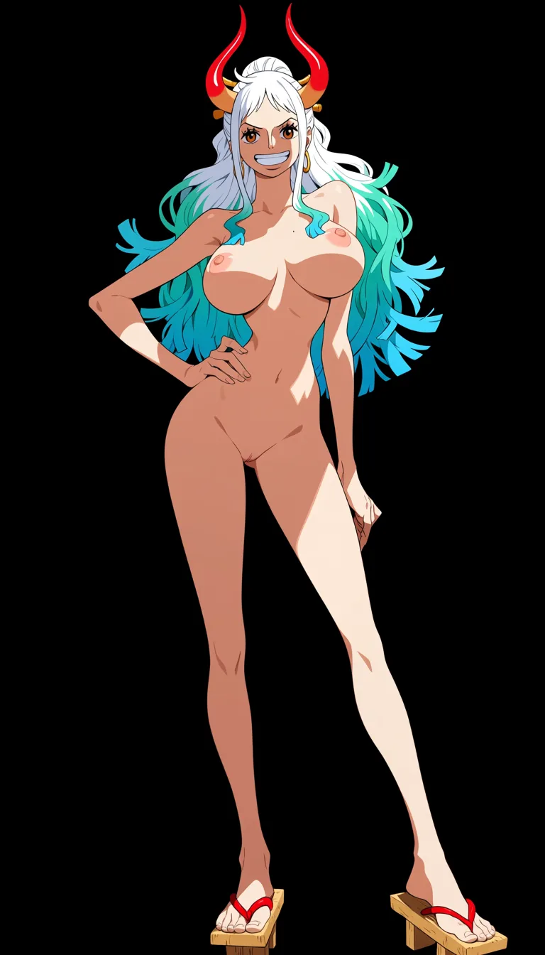 masterpiece, best quality, score_7, newest, anime screenshot, official art, Yamato, (One Piece style:1.5), (full body in frame:1.8), standing, (confident sexy pose:1.7), (black background:1.7), (simple shadows on body:1.5), long white hair with turquoise and light-blue tips, two red curved oni horns, (bright white smile:1.6), one hand on hip, long legs, (nude:1.6), (naked breasts and nipples fully visible and exposed:1.7), naked pussy fully visible and exposed, traditional wooden sandals, (flat color:1.3), hard cel shading, thin crisp lineart, high key daylight, vivid primary palette, bright clean background