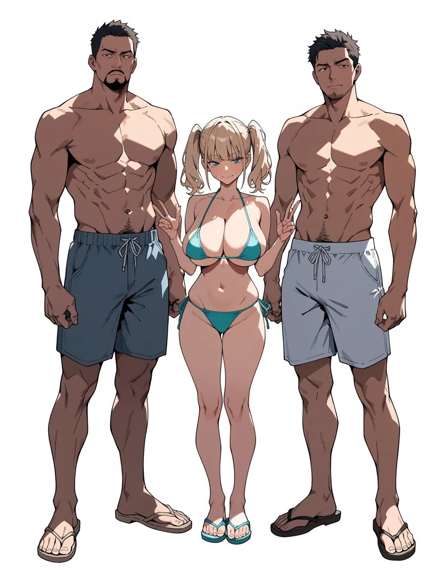 masterpiece, best quality, score_7, newest, anime screenshot, official art, Short and petite milf housewife with saggy breasts and blonde twintails wearing bikini and flip flops standing next to two very tall men, (flat color:1.3), hard cel shading, thin crisp lineart, high key daylight, vivid primary palette, bright clean background