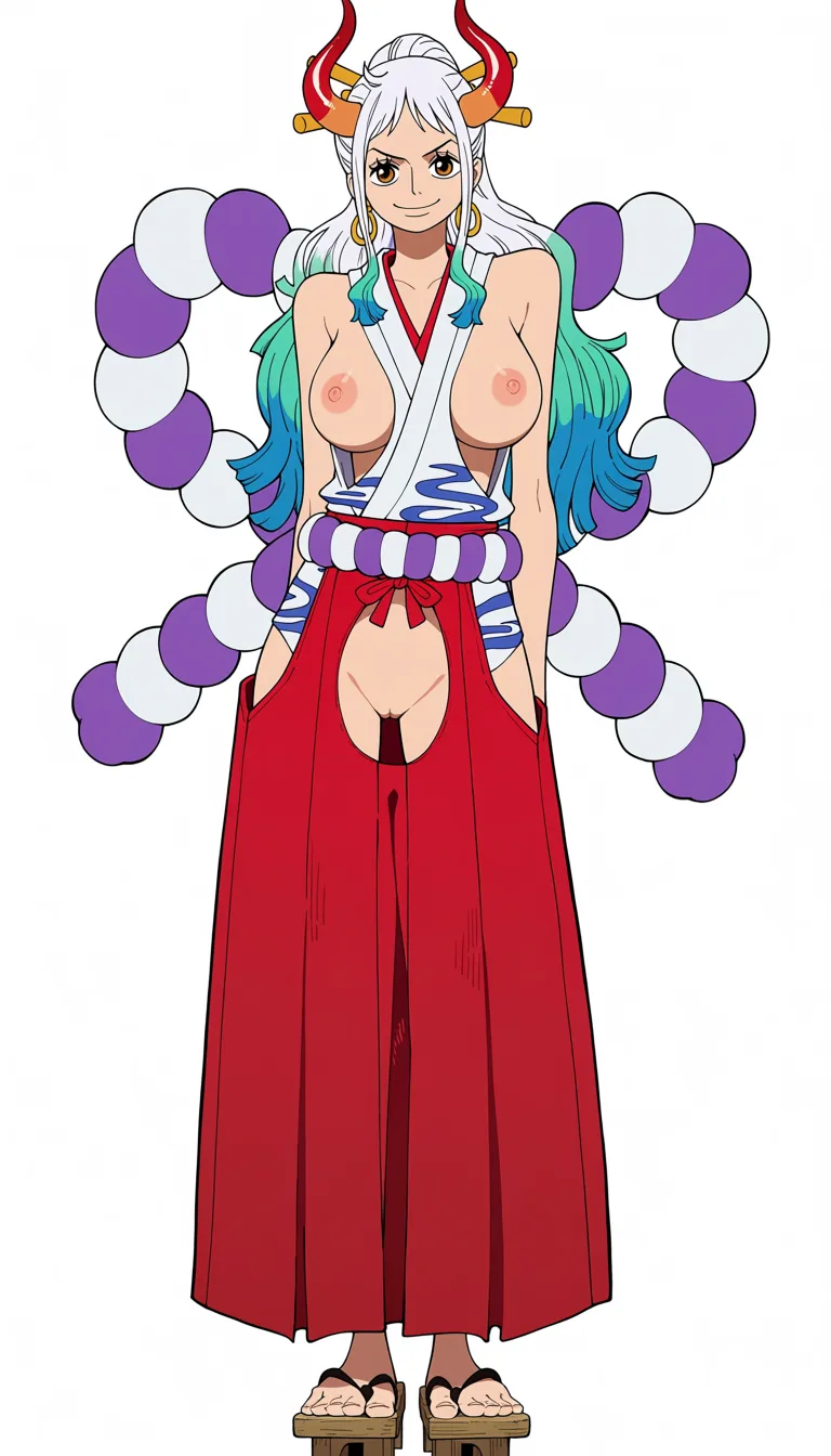 masterpiece, best quality, score_7, newest, anime screenshot, official art, Yamato, (One Piece style:1.6), (full body in frame:1.5), standing, sexy pose, (black background:1.5), long white hair with turquoise and light-blue tips, two red curved oni horns, gentle expression and cheerful smile, white sleeveless Japanese-style top with a red neckline and the chest area completely cutout to let the full naked breasts and nipples out, (naked breasts and nipples fully visible and exposed:1.5), red hakama skirt with no crotch, naked pussy fully visible and exposed through crotch cutout, purple rope belt around the waist, traditional wooden sandals, (flat color:1.3), hard cel shading, thin crisp lineart, high key daylight, vivid primary palette, bright clean background