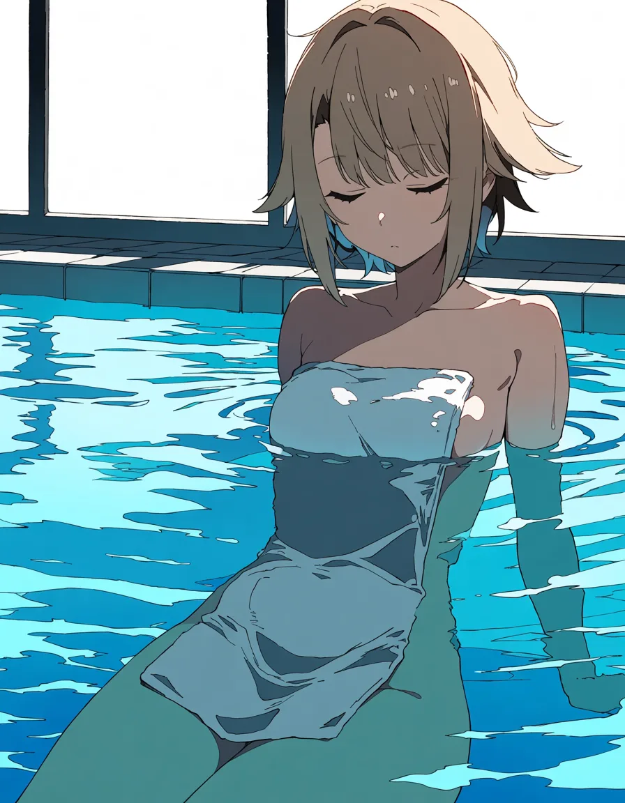 masterpiece, best quality, score_7, newest, anime screenshot, official art, 1girl, urotsuki, closed eyes, indoors, bathhouse, sitting in water, naked_towel, colored image, anime style,, (flat color:1.3), hard cel shading, thin crisp lineart, high key daylight, vivid primary palette, bright clean background