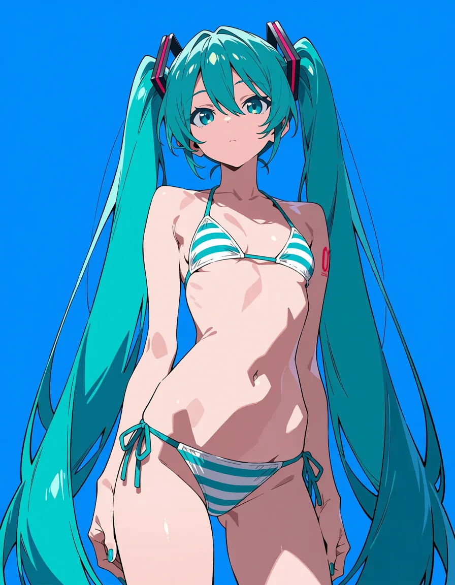 masterpiece, best quality, score_7, newest, anime screenshot, official art, 1girl, completely_nude , full_body
hatsune miku, (flat color:1.3), hard cel shading, thin crisp lineart, high key daylight, vivid primary palette, bright clean background