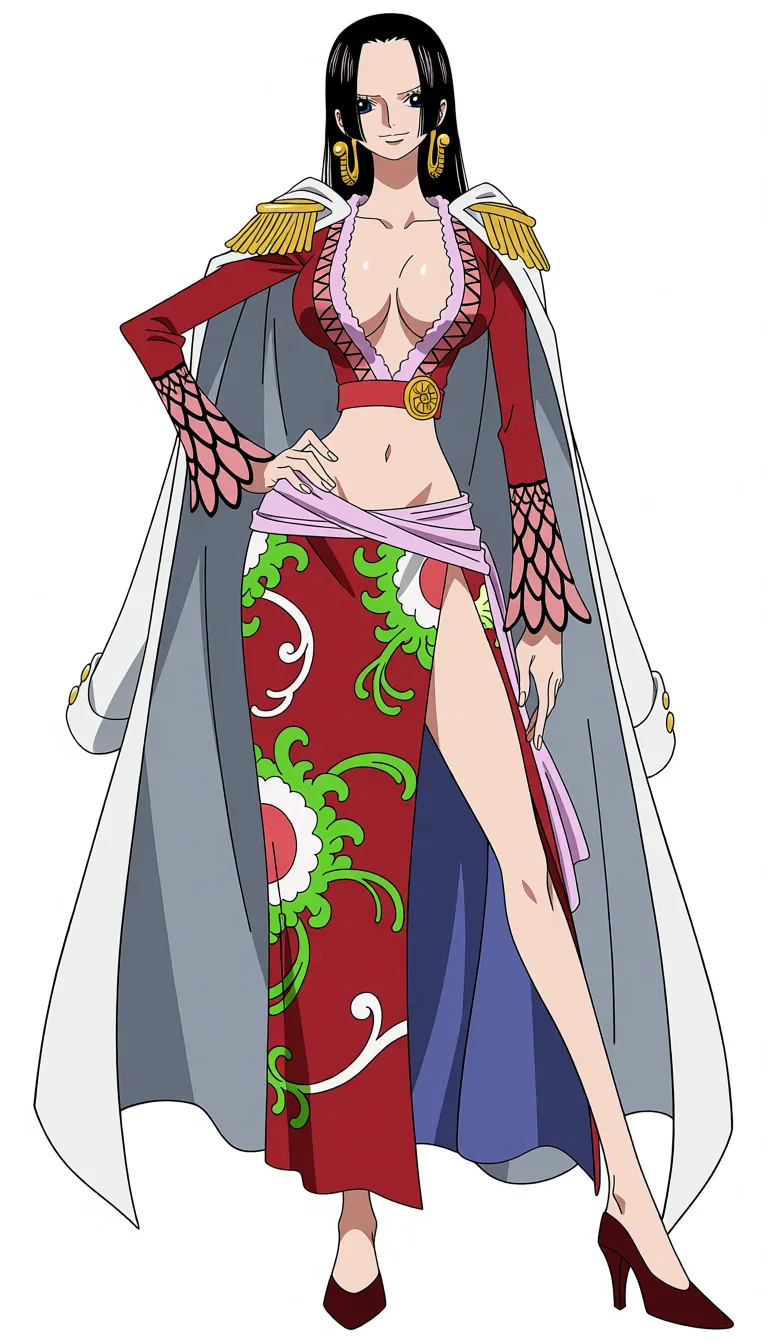 masterpiece, best quality, score_7, newest, anime screenshot, official art, Boa Hancock, One Piece style, full body in frame, standing, confident sexy pose, long straight black hair, one hand on hip, fitted deep-red cropped jacket with gold trim and ornate cuffs, plunging ruffled neckline, red waist belt with a round gold emblem, long flowing white-and-navy cape, colorful red-and-green floral patterned floor-length skirt with a high slit, pale pink sash around the waist, dark red high-heeled shoes, (flat color:1.3), hard cel shading, thin crisp lineart, high key daylight, vivid primary palette, bright clean background