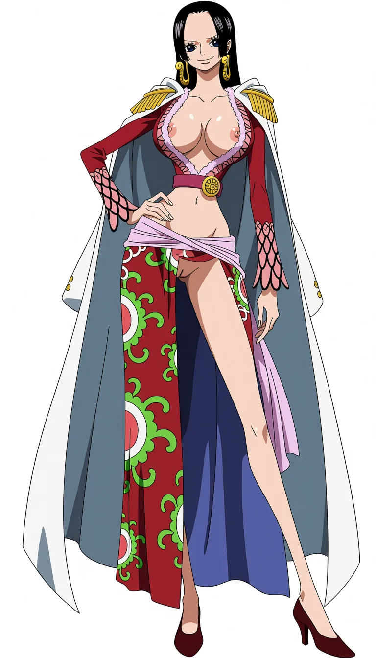 masterpiece, best quality, score_7, newest, anime screenshot, official art, Boa Hancock, (One Piece style:1.5), full body in frame, standing, confident sexy pose, gentle expression and smile, (long legs:1.6), (black background:1.5), long straight black hair, one hand on hip, fitted deep-red cropped jacket with gold trim and ornate cuffs, plunging ruffled neckline fully open letting naked breasts fully out, naked breasts and nipples fully out and exposed, red waist belt with a round gold emblem, colorful red-and-green floral patterned floor-length skirt with a high slit in the middle fully exposing naked pussy, naked pussy fully exposed and visible, pale pink sash around the waist, dark red high-heeled shoes, (flat color:1.3), hard cel shading, thin crisp lineart, high key daylight, vivid primary palette, bright clean background