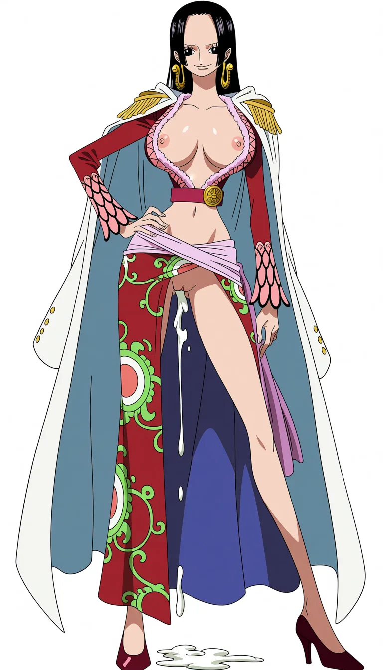 masterpiece, best quality, score_7, newest, anime screenshot, official art, Boa Hancock, (One Piece style:1.6), (full body in frame:1.7), standing, confident sexy pose, gentle expression and smile, (long legs:1.6), (black background:1.6), (long straight black hair:1.6), one hand on hip, fitted deep-red cropped jacket with gold trim and ornate cuffs, plunging ruffled neckline fully open letting naked breasts fully out, naked breasts and nipples fully out and exposed, red waist belt with a round gold emblem, colorful red-and-green floral patterned floor-length skirt with a high slit in the middle fully exposing naked pussy, naked pussy fully exposed and visible, pale pink sash around the waist, dark red high-heeled shoes, (massive amount of sperm dripping from pussy:1.6), (flat color:1.3), hard cel shading, thin crisp lineart, high key daylight, vivid primary palette, bright clean background