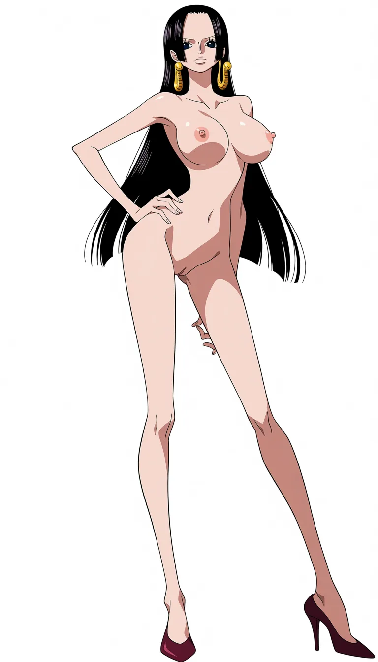 masterpiece, best quality, score_7, newest, anime screenshot, official art, Boa Hancock, (One Piece style:1.6), (full body in frame:1.7), standing, confident sexy pose, (long legs:1.6), (black background:1.7), (long straight black hair:1.7), naked, one hand on hip, naked breasts and nipples fully exposed, naked pussy fully exposed, dark red high-heeled shoes, (flat color:1.3), hard cel shading, thin crisp lineart, high key daylight, vivid primary palette, bright clean background