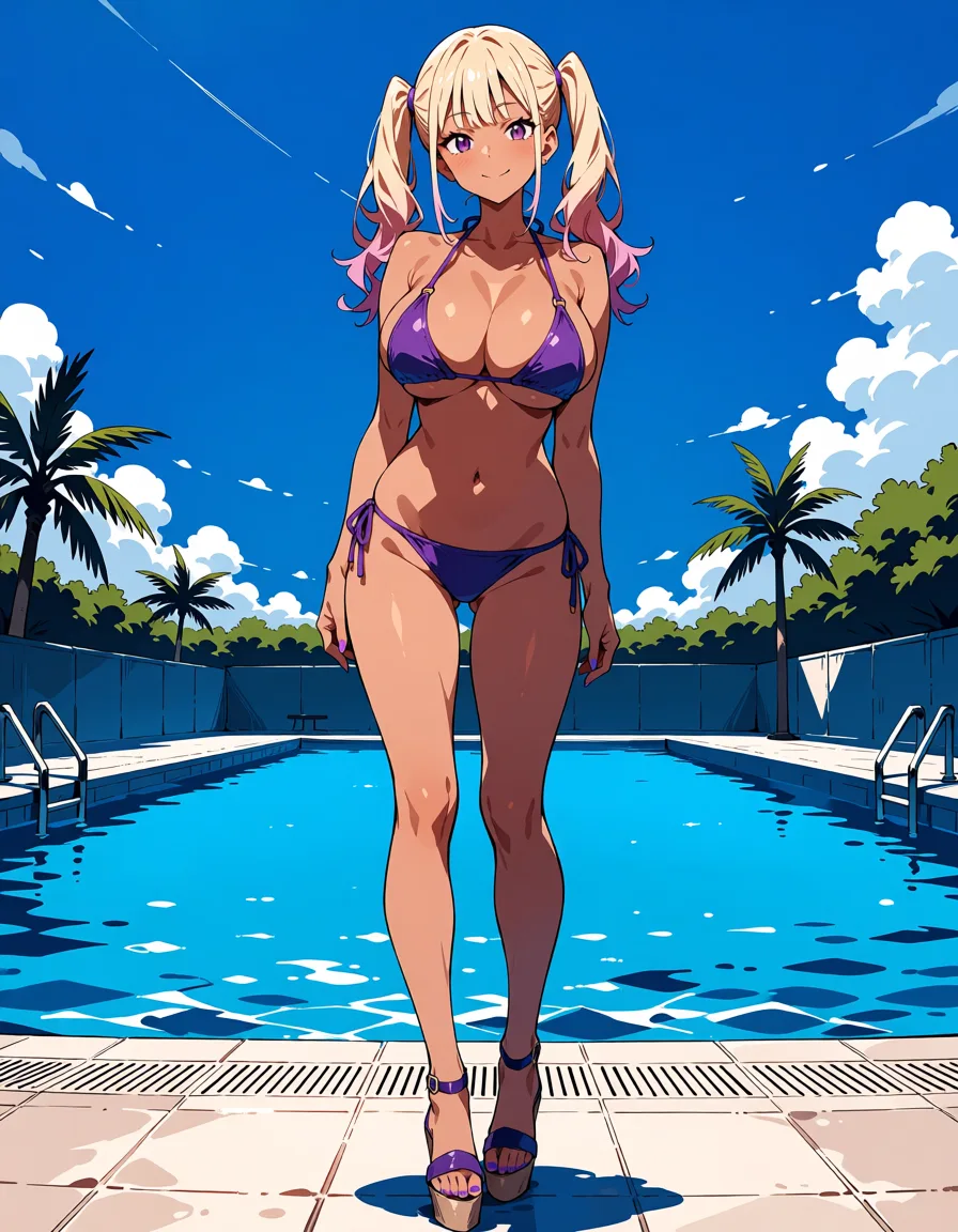 masterpiece, best quality, score_7, newest, anime screenshot, official art, Petite twintails gyaru with large breasts wearing bikini and wedge strap high heel sandals at a public pool, (flat color:1.3), hard cel shading, thin crisp lineart, high key daylight, vivid primary palette, bright clean background