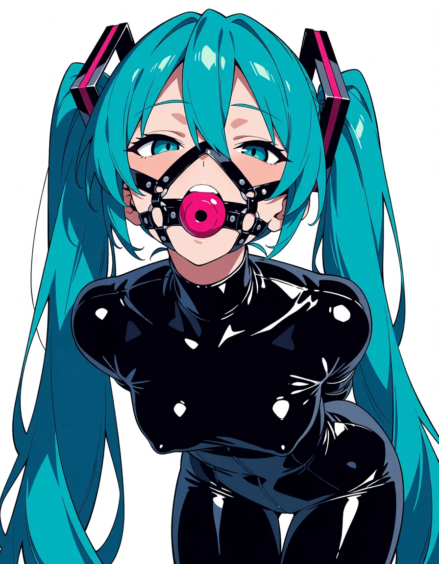 masterpiece, best quality, score_7, newest, anime screenshot, official art, 1girl, bondage, latex skinsuit, gagged, object_insertion, 
hatsune miku, (flat color:1.3), hard cel shading, thin crisp lineart, high key daylight, vivid primary palette, bright clean background