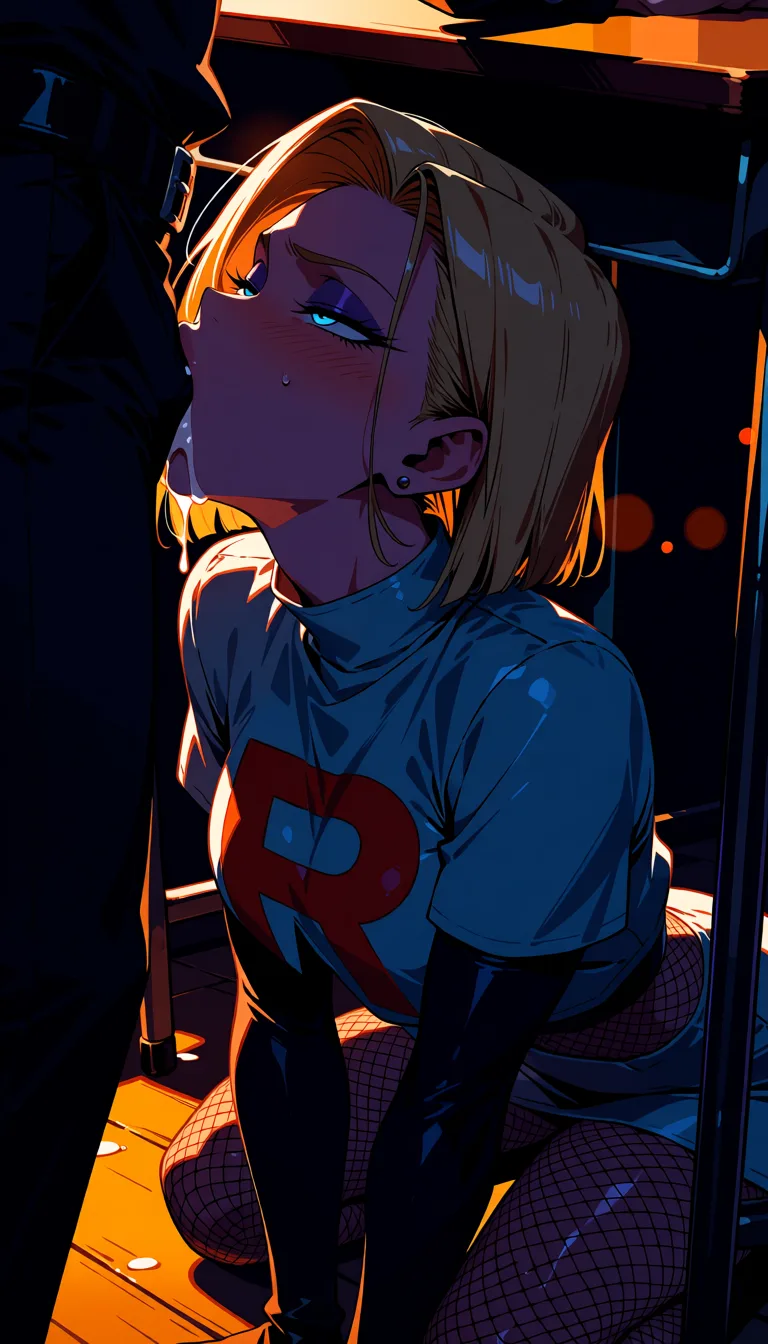 masterpiece, best quality, score_7, newest, highres, absurdres, anime coloring, android 18 bright lighting fishnet suit white team rocket uniform purple skin purple eyeshadow moaning kneeling under classroom table giving Batman deepthroat blowjob cum on face 1, glossy shiny skin, wet highlights, (dim warm lighting:1.2), dramatic rim light, deep shadows, dark bokeh background, sensual mood