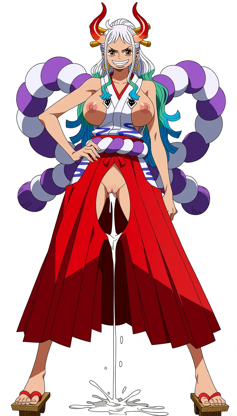 masterpiece, best quality, score_7, newest, anime screenshot, official art, Yamato, (One Piece style:1.6), (full body in frame:1.8), standing, (confident sexy pose:1.8), (black background:1.8), (simple shadows on body and clothes:1.5), long white hair with turquoise and light-blue tips, two red curved oni horns, (bright white smile:1.6), (long legs:1.8), one hand on hip, (white sleeveless Japanese-style top with a red neckline and the chest area completely cutout to let the full naked breasts and nipples out:1.7), (naked breasts and nipples fully visible and exposed:1.7), (long red hakama skirt with big crotch cutout fully exposing vagina:1.7), naked pussy fully visible and exposed through crotch cutout, purple rope belt around the waist, traditional wooden sandals, (massive amount of sperm dripping from pussy:1.5), (flat color:1.3), hard cel shading, thin crisp lineart, high key daylight, vivid primary palette, bright clean background