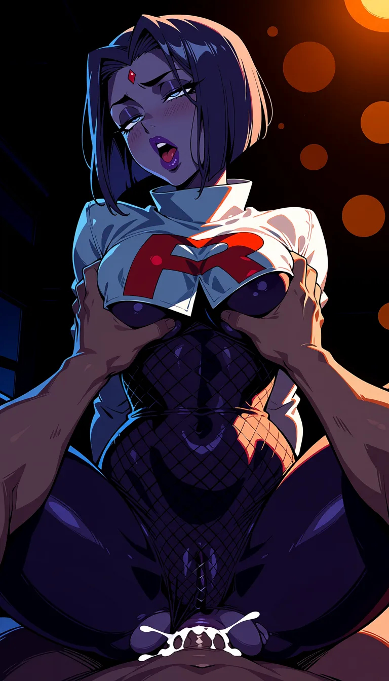 masterpiece, best quality, score_7, newest, highres, absurdres, anime coloring, 1girl, raven (dc) bright lighting fishnet suit white team rocket uniform purple skin purple eyeshadow moaning anal kissing neck under classroom table fucked by batman from behind sex_from_behind areola slip dutch_angle facing_viewer fucked reverse cowgirl by batman grabbing_another's_breast groping breasts spread legs cum in ass femalepov 2, glossy shiny skin, wet highlights, (dim warm lighting:1.2), dramatic rim light, deep shadows, dark bokeh background, sensual mood