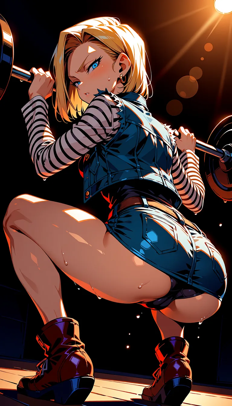 masterpiece, best quality, score_7, newest, highres, absurdres, anime coloring, 1girl, sunlight, android 18, denim microskirt, black and white striped long sleeve shirt, denim vest, smaller breasts, gym, squatting weights at the the gym, tight ass, dutch_angle, groaning, glossy shiny skin, wet highlights, (dim warm lighting:1.2), dramatic rim light, deep shadows, dark bokeh background, sensual mood