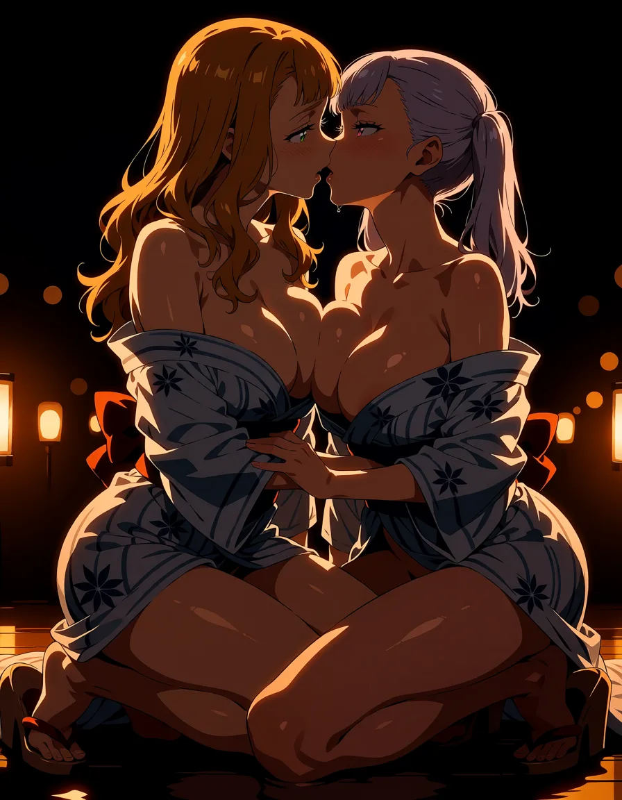 masterpiece, best quality, score_7, newest, highres, absurdres, anime coloring, Mimosa Vermillion and Noelle Silva wearing revealing yukata and wedge heel sandals, futa_with_female, sex_from_behind, yuri, glossy shiny skin, wet highlights, (dim warm lighting:1.2), dramatic rim light, deep shadows, dark bokeh background, sensual mood