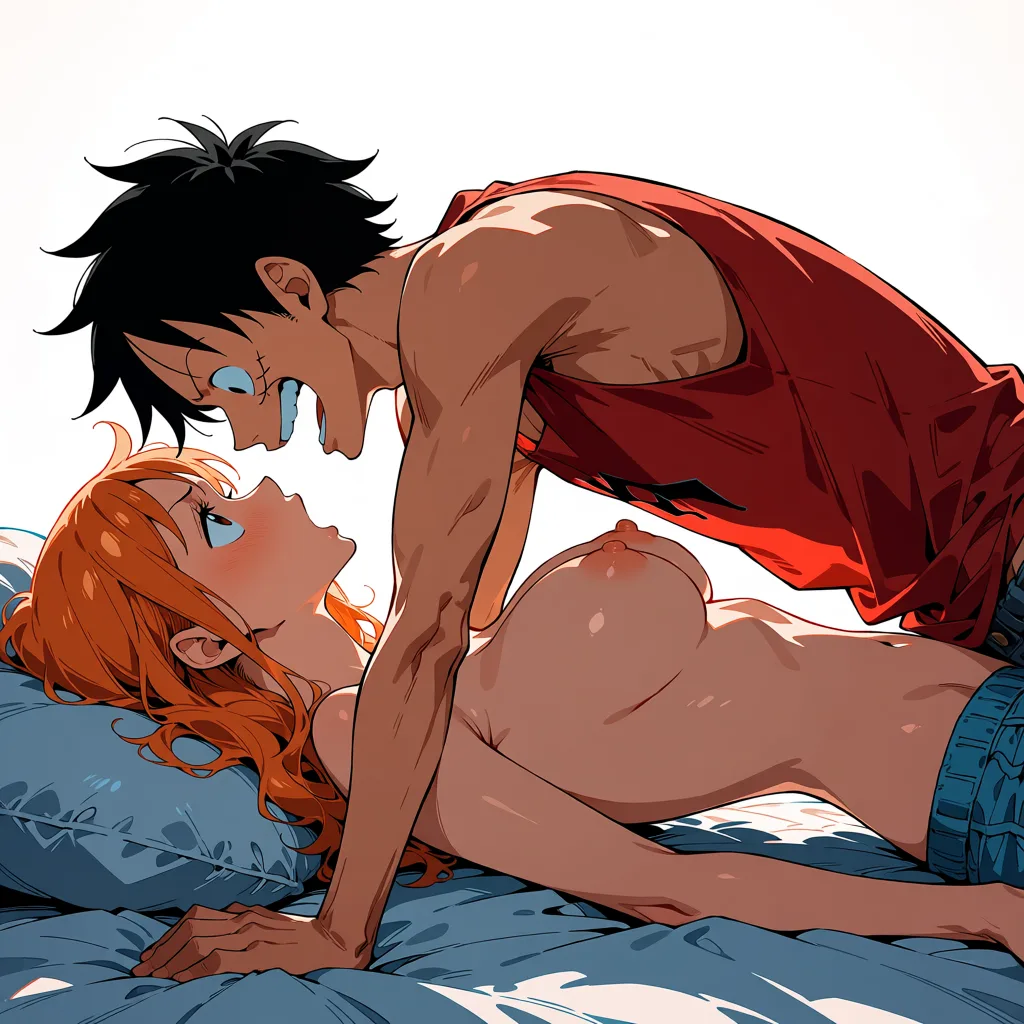 masterpiece, best quality, score_7, newest, anime screenshot, official art, One Piece, Luffy and Nami, man fucking woman, in the bedroom, flat color, hard cel shading, thin crisp lineart, high key daylight, vivid primary palette, bright clean background