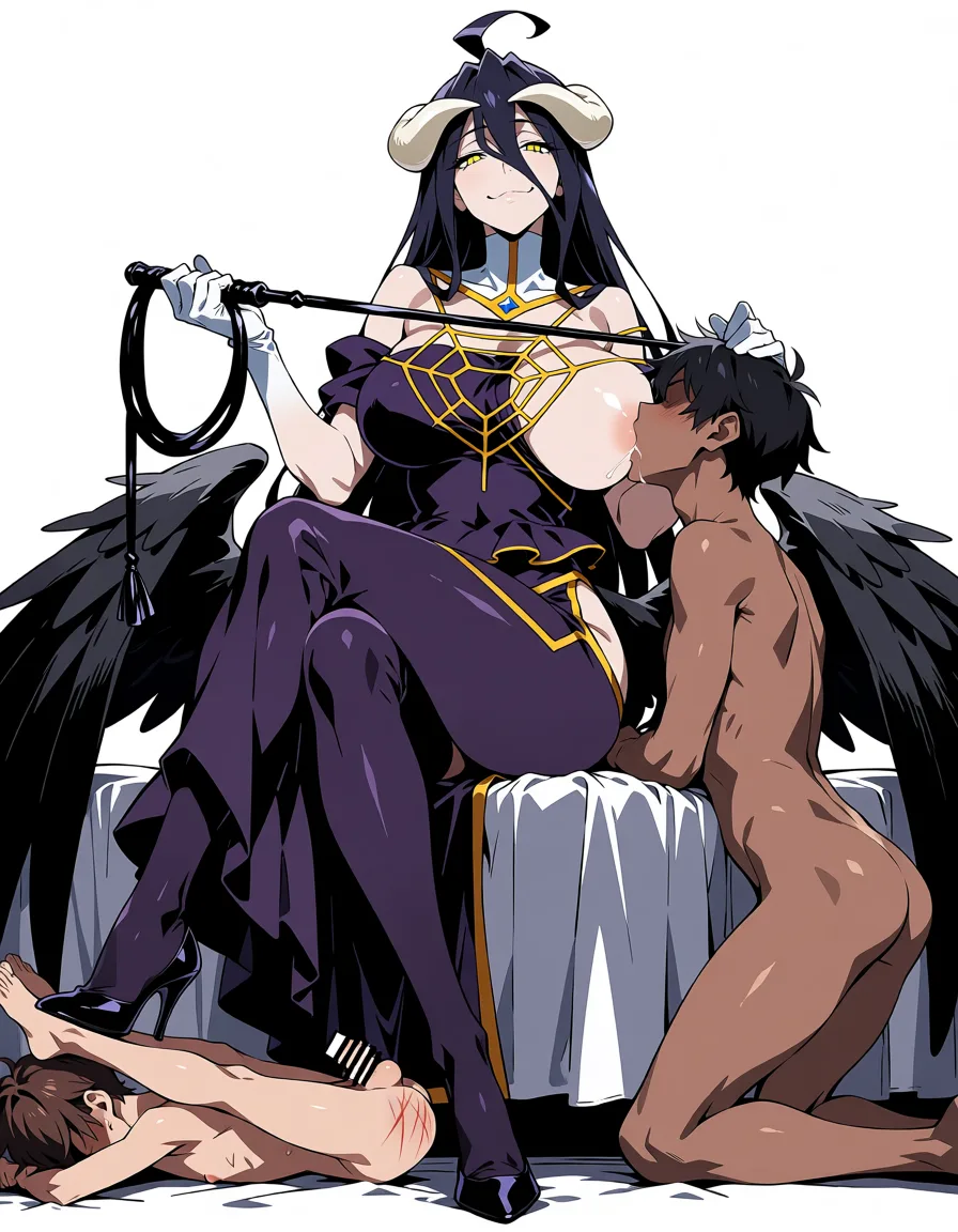 masterpiece, best quality, score_7, newest, anime screenshot, official art, 1girl, 2 boys masterpiece, best quality, Albedo from Overlord, huge breasts, tight purple and gold dress, sitting on an bed ,holding a black whip, dark-skinned naked man kneeling next to her on the bed and sucking her breast, light-skinned naked man lying on the floor with legs folded over his head, chastity device, whip marks, dominant expression, detailed, anime style, hentai, extreme femdom albedo (overlord),albedo (overlord), (flat color:1.3), hard cel shading, thin crisp lineart, high key daylight, vivid primary palette, bright clean background