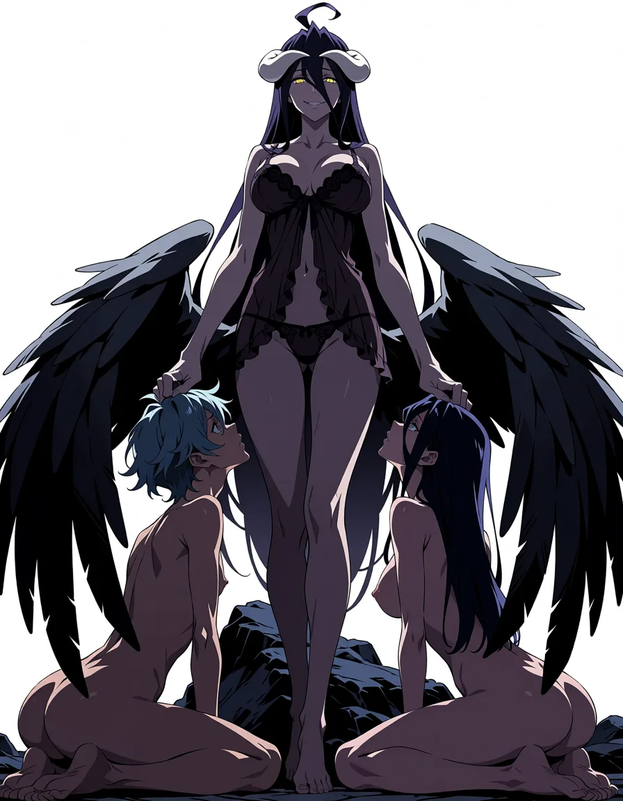 masterpiece, best quality, score_7, newest, anime screenshot, official art, 1girl, masterpiece, best quality,  Albedo from Overlord, black sheer lingerie, large breasts, standing tall and dominant, gripping the hair of a man with blue hair who is kneeling, two naked women kneeling at her feet looking up submissively, dark rocky landscape, no text, detailed, anime style, hentai, extreme femdom albedo (overlord), albedo (overlord), (flat color:1.3), hard cel shading, thin crisp lineart, high key daylight, vivid primary palette, bright clean background