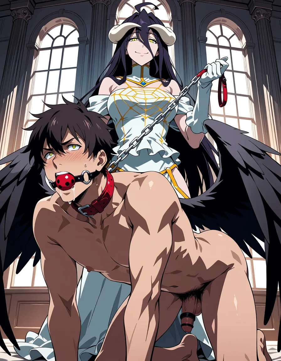 masterpiece, best quality, score_7, newest, anime screenshot, official art, 1girl, masterpiece, best quality, Albedo from Overlord is a Mistress, confident smile, holding a red metal chain leash, a naked man on all fours like a pet, red leather collar, red ball gag in his mouth, looking forward submissively, large elegant room with windows, detailed, anime style, hentai, extreme femdom pet play, albedo (overlord), albedo (overlord), (flat color:1.3), hard cel shading, thin crisp lineart, high key daylight, vivid primary palette, bright clean background