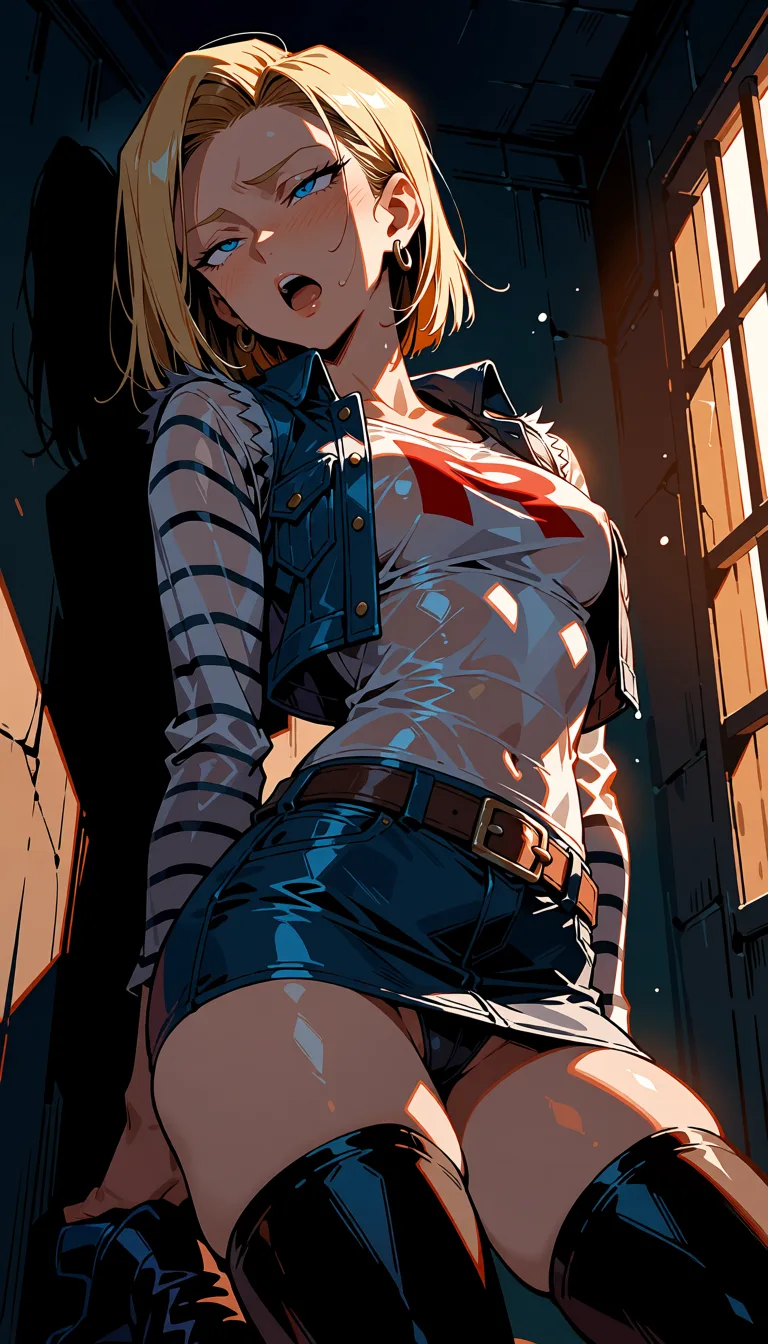 masterpiece, best quality, score_7, newest, highres, absurdres, anime coloring, midday sunlight, team rocket costume, android 18, thigh high boots, denim microskirt, denim vest, smaller breasts, moaning, eyes open, jail cell, wet_clothes, dutch_angle 2, glossy shiny skin, wet highlights, (dim warm lighting:1.2), dramatic rim light, deep shadows, dark bokeh background, sensual mood