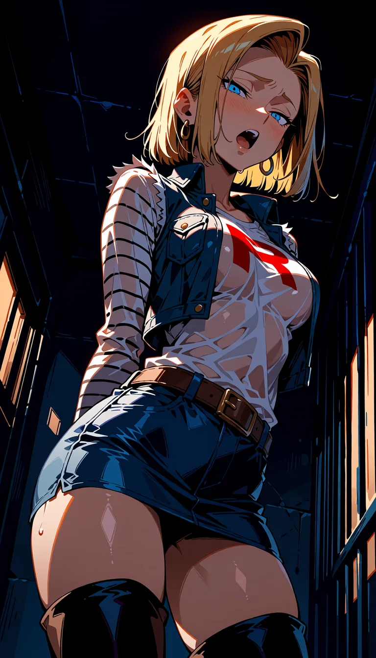 masterpiece, best quality, score_7, newest, highres, absurdres, anime coloring, midday sunlight, team rocket costume, android 18, thigh high boots, denim microskirt, denim vest, smaller breasts, moaning, eyes open, jail cell, wet_clothes, dutch_angle 3, glossy shiny skin, wet highlights, (dim warm lighting:1.2), dramatic rim light, deep shadows, dark bokeh background, sensual mood