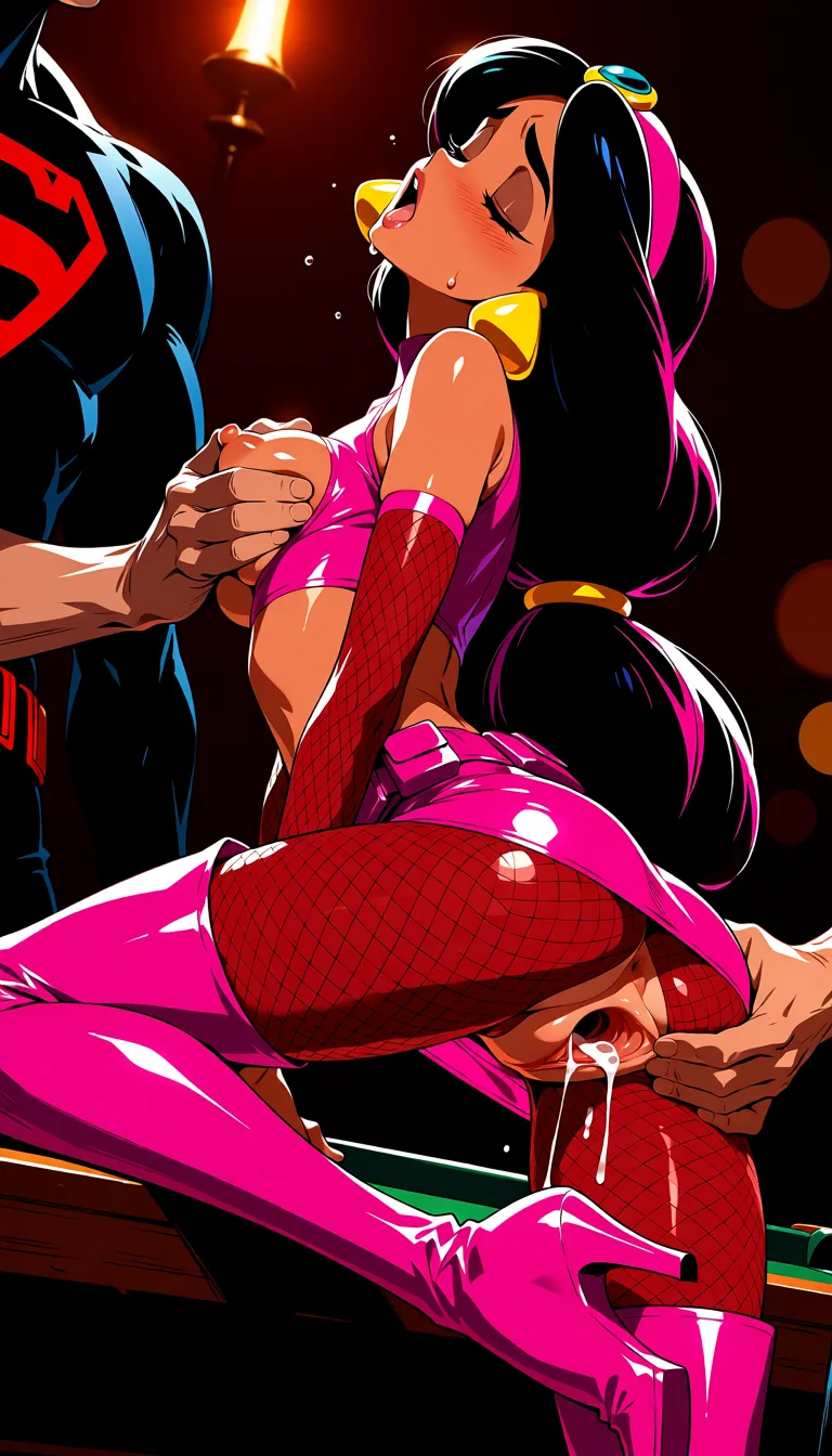 masterpiece, best quality, score_7, newest, highres, absurdres, anime coloring, 2boys, 1girl, Disneys princess jasmine (Aladdin), see-through_clothes, revealing_clothes, upskirt, breasts_out, white team rocket uniform, bright lighting, on billiard table, moaning, pussy_juice, sweating, pink see-through shirt, pink thigh high boots, pink utility belt, pink pantyhose, pink latex miniskirt, fishnet sleeves and stockings, dutch_angle, grabbing_from_behind, smaller breasts, spread ass, spread pussy, arched_back, leg lifted, tight anus, cum on ass, fucked from behind by Batman, sex_from_behind, female orgasm, team rocket threesome, group_sex, grabbing both breasts, spit roast, team work, sex with superman 1, glossy shiny skin, wet highlights, (dim warm lighting:1.2), dramatic rim light, deep shadows, dark bokeh background, sensual mood
