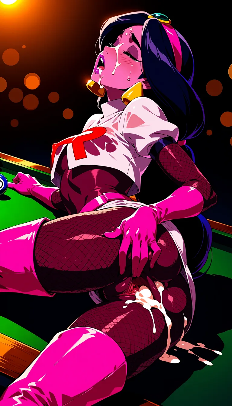 masterpiece, best quality, score_7, newest, highres, absurdres, anime coloring, 1girl, purple skin Disneys princess jasmine (Aladdin), see-through_clothes, revealing_clothes, upskirt, breasts_out, white team rocket uniform, bright lighting, on billiard table, moaning, pussy_juice, sweating, pink see-through shirt, pink thigh high boots, pink utility belt, pink pantyhose, fishnet sleeves and stockings, dutch_angle, grabbing_from_behind, smaller breasts, spread ass, spread pussy, arched_back, leg lifted, tight anus, cum on ass, fucked over table, cum_overflow, facial, wet pink team rocket uniform, lying on side, anal sex with uzumaki Naruto, sex_from_behind, grabbing_from_behind, breast_sucking, glossy shiny skin, wet highlights, (dim warm lighting:1.2), dramatic rim light, deep shadows, dark bokeh background, sensual mood