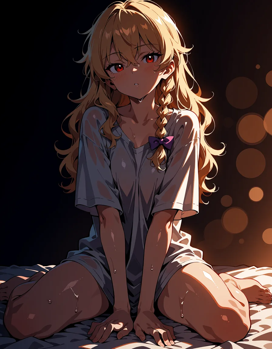 masterpiece, best quality, score_7, newest, highres, absurdres, anime coloring, 1girl, silver hair, red eyes, oversized shirt, sitting on the end of the bed, morning light, kirisame marisa, glossy shiny skin, wet highlights, (dim warm lighting:1.2), dramatic rim light, deep shadows, dark bokeh background, sensual mood