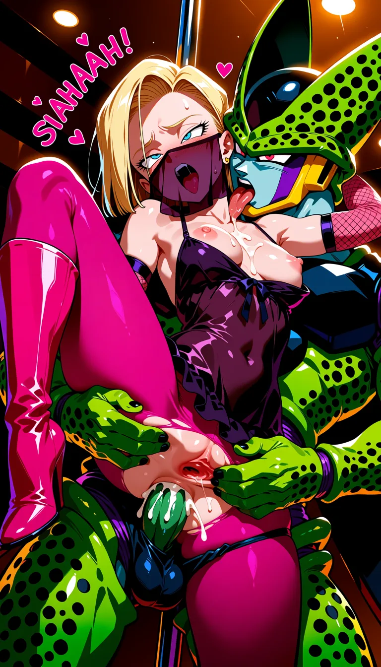 masterpiece, best quality, score_7, newest, highres, absurdres, anime coloring, 1boy, 1girl, purple skin android 18, knee high pink boots, torn see-through pink pantyhose, see-through black chemise, see-through black mouth veil, scream moaning, eyes open, moaning sound effects, fucked from behind by green skin perfect cell (dragon ball), leg up, spread pussy, pussy_juice, anal, breasts_out, pink fishnet sleeves, smaller breasts, smaller penis, cum_in_ass, dutch_angle, licking neck, petite, muscular_female, dripping wet, wet_clothes, strip club, bright lights, stripper pole, champagne room, black panties around thighs, aggressively fucked and dominated, cum drooling from mouth on to breasts 3, glossy shiny skin, wet highlights, (dim warm lighting:1.2), dramatic rim light, deep shadows, dark bokeh background, sensual mood