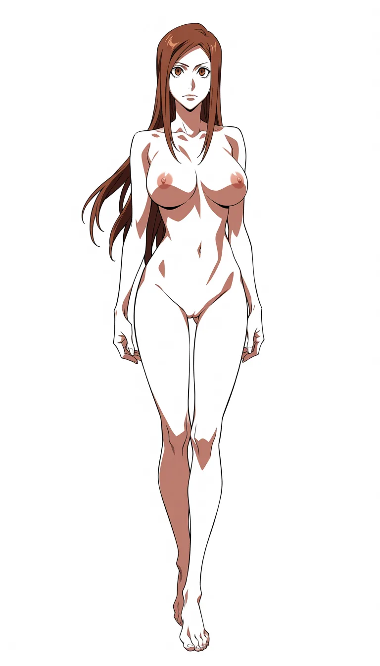 masterpiece, best quality, score_7, newest, anime screenshot, official art, Orihime inoue, BLEACH style, full body in frame, nude,, (flat color:1.3), hard cel shading, thin crisp lineart, high key daylight, vivid primary palette, bright clean background